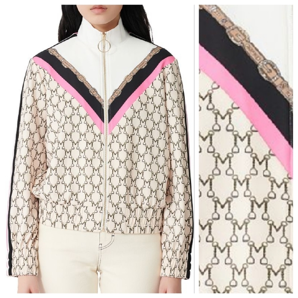 Maje Logo Print Chain Monogram Zip Up Track Jacket Ecru